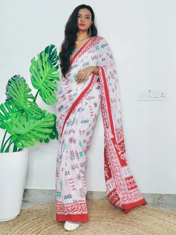 Saree Mall Women's Cotton White Printed Designer Saree With Blouse Piece-MINAXI9002 Subtle Shimmer Blouse