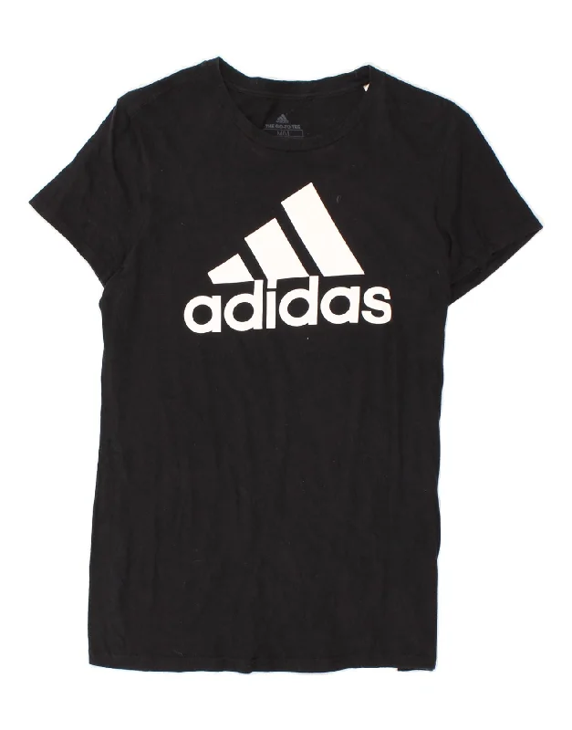 ADIDAS Womens Graphic T-Shirt Top UK 12 Medium Black Cotton-- Front Pockets Side Pockets Patch Pockets