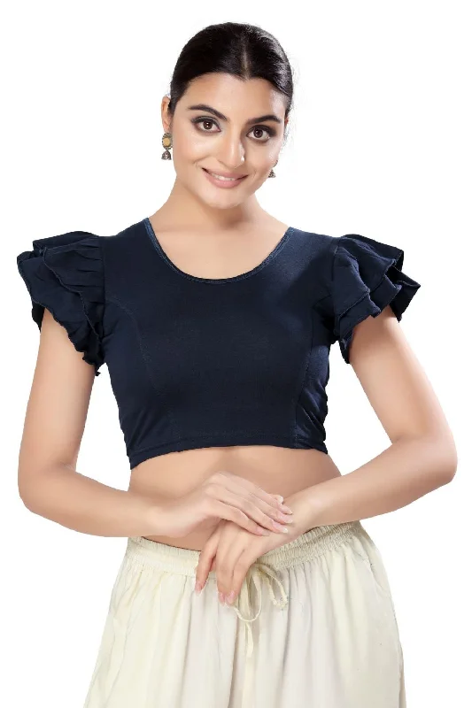 Navy Blue Cotton Solid Short Sleeves Blouse Chic Wrap Blouse