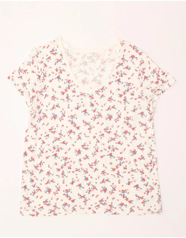GAP Womens T-Shirt Top UK 18 XL White Floral Cotton-- Rayon Velvet Corduroy