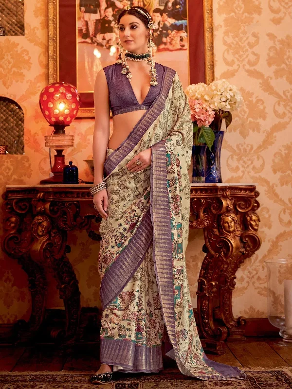 Saree Mall Women's Manipuri  Cream Printed Designer Saree With Blouse Piece-MORPNKH105 Classic White Blouse
