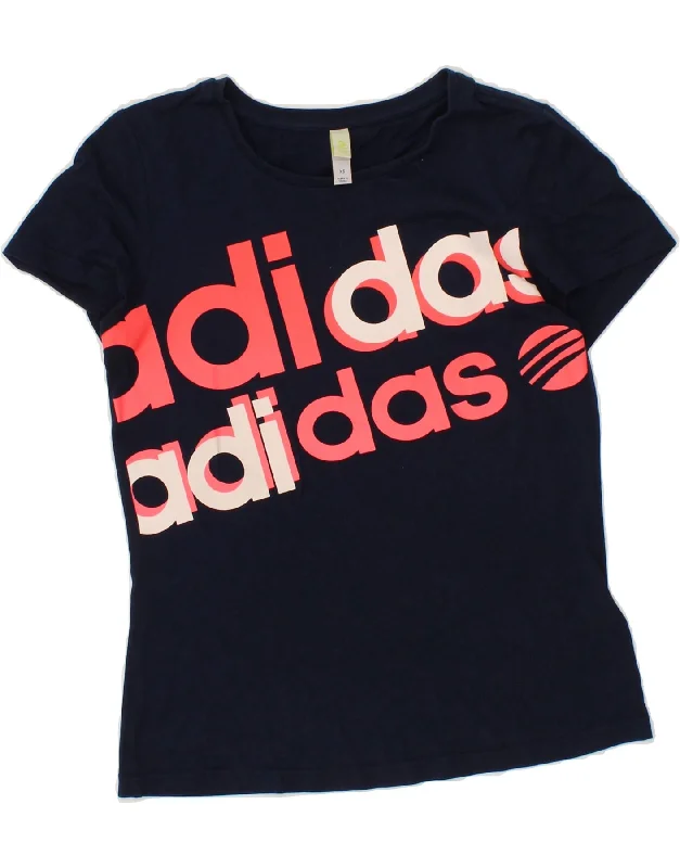 ADIDAS Womens Graphic T-Shirt Top UK 6 XS Navy Blue Cotton-- Elasticated Padded Insulated