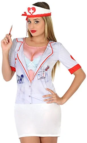 ATOSA 9654 Costume T-Shirt Nurse Woman M-L White-Carnival, Gröbe-- Print Jacquard Patchwork