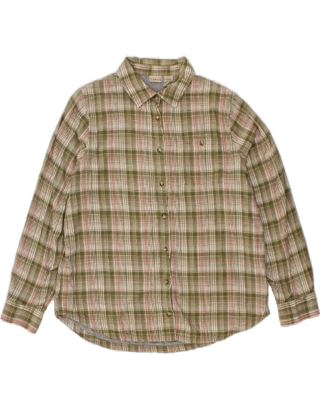 L.L.BEAN Womens Flannel Shirt UK 16 Large Green Check Cotton-- Hooded Caped Shawl Collar