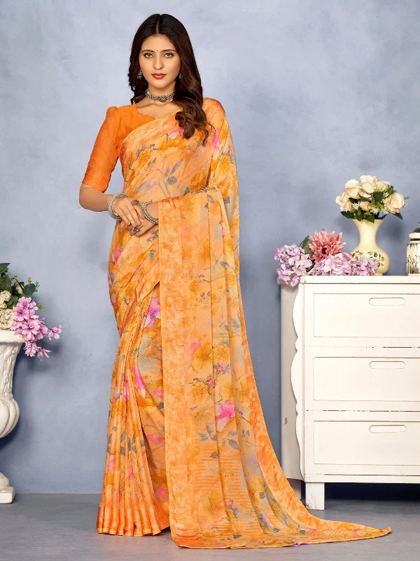 Saree Mall Women's Chiffon Orange Printed Designer Saree With Blouse Piece-CHERY27802C Elegant Embroidery Blouse