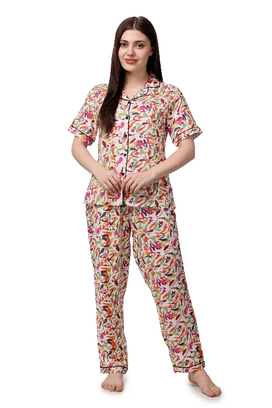 Floral Print Women Shirt & Pyjama Set – 100% Viscose-- Machine Wash Dry Clean Hand Wash