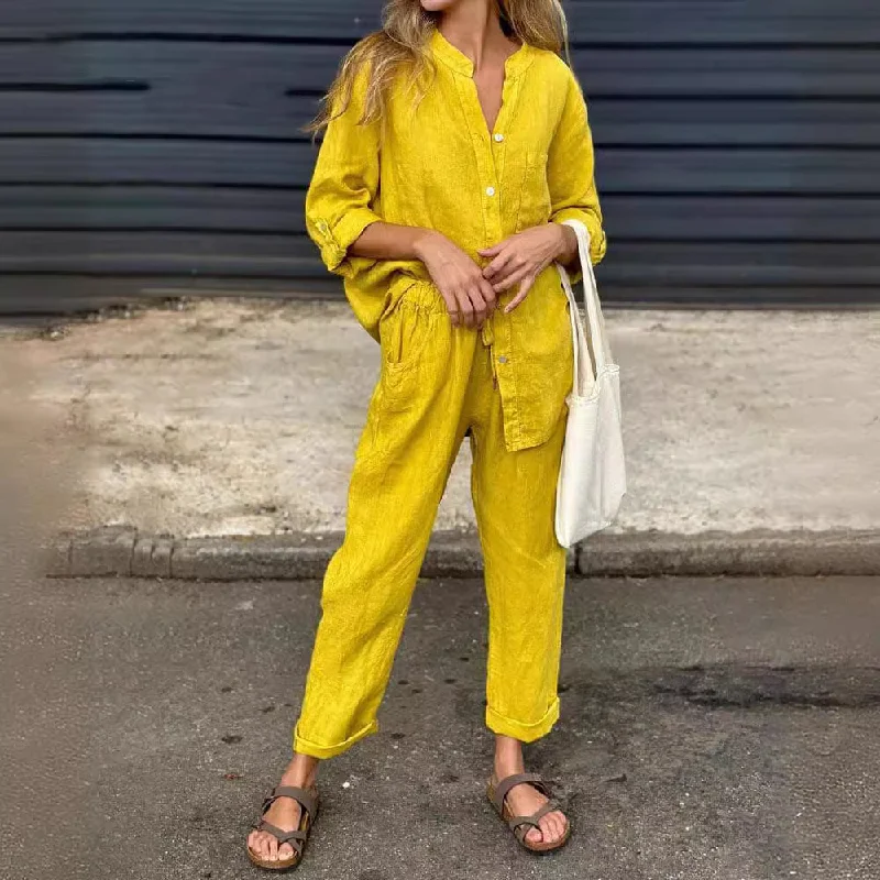 Ladies Cotton And Linen Shirt Outfit High Waist Loose Trousers-- Mesh Blend Leather Blend Suede Blend Ladies Cotton And Linen Shirt Outfit High Waist Loose Trousers-- Mesh Blend Leather Blend Suede Blend