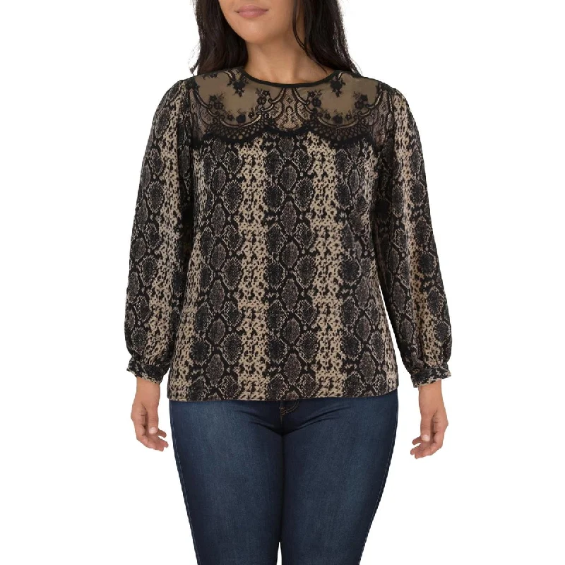 Plus Womens Lace Yoke Snake Print Blouse Slim Fit Blouse