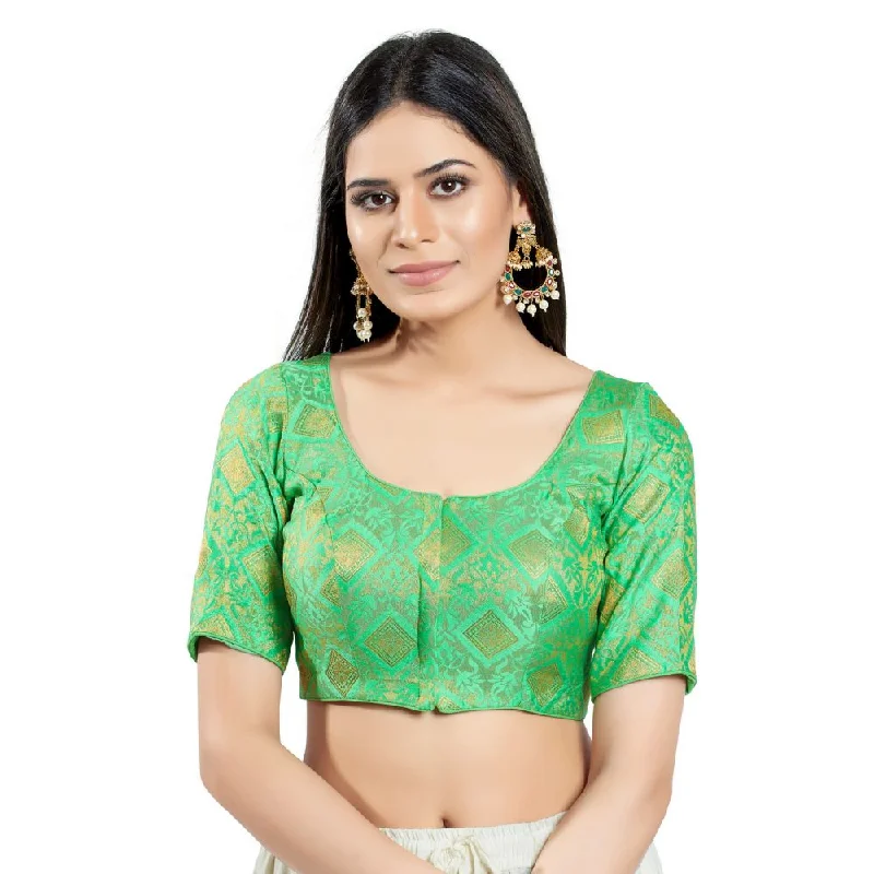Sea Green Brocade Woven Design Elbow Sleeve Blouse Satin Bow Blouse