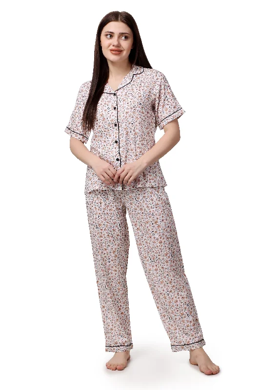 Floral Print Women Shirt & Pyjama Set – 100% Viscose-- Anti-Shrink Durable Soft