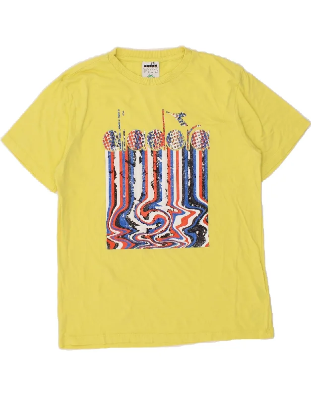 DIADORA Womens Graphic T-Shirt Top UK 20 2XL Yellow Cotton-- Ribbed Striped Patterned