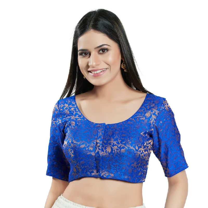 Royal Blue Brocade Woven Design Elbow Sleeve Blouse Pastel Color Blouse