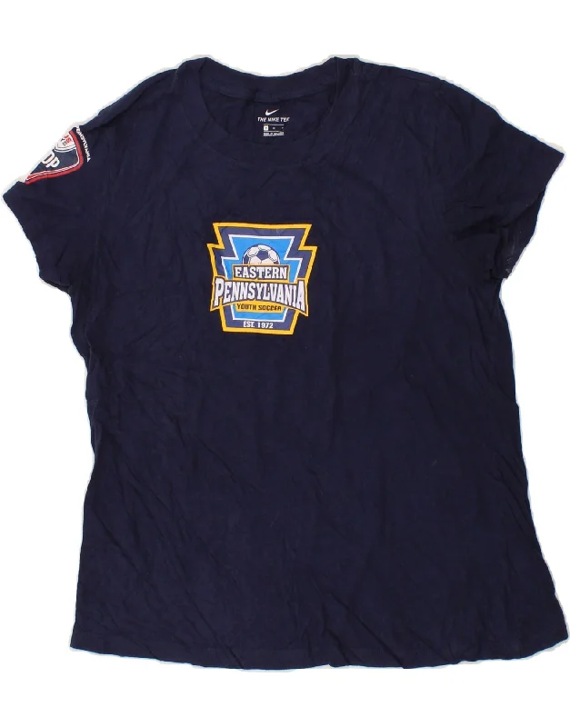 NIKE Womens Graphic T-Shirt Top UK 14 Medium Navy Blue Cotton-- Graphic Embroidered Appliqued