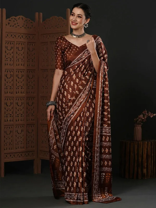 Saree Mall Women's Dola  Brown Printed Designer Saree With Blouse Piece-DOLA109D Collared Satin Blouse
