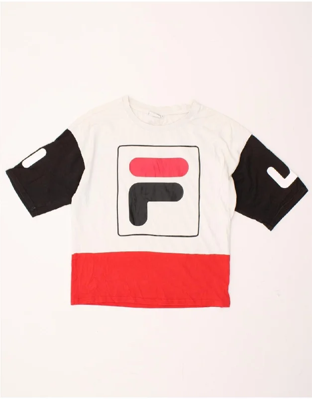 FILA Womens Graphic T-Shirt Top UK 14 Medium White Colourblock Cotton-- Terry Blend Velvet Blend Canvas Blend