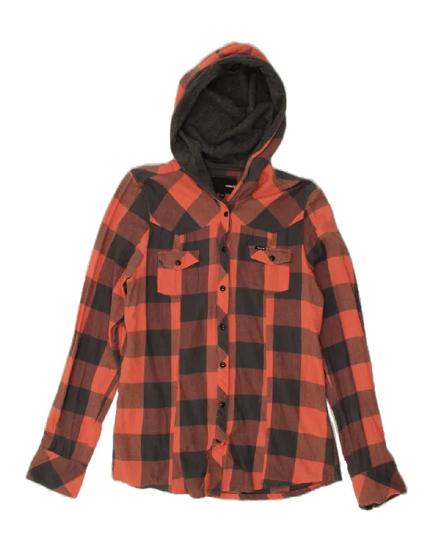 HURLEY Womens Hooded Lumberjack Shirt UK 14 Large Red Check Cotton-- Hooded Caped Shawl Collar HURLEY Womens Hooded Lumberjack Shirt UK 14 Large Red Check Cotton-- Hooded Caped Shawl Collar