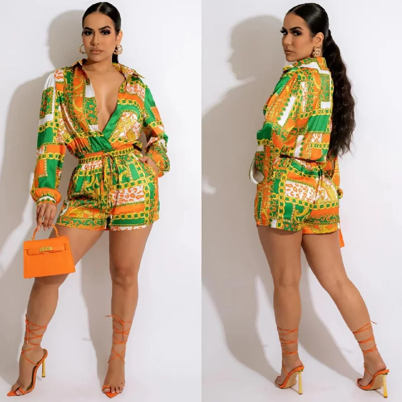 Women's Casual Long-sleeved Shirt Shorts Printed Two-piece Suit-- Thin T-Shirt Open Front Quick Dry