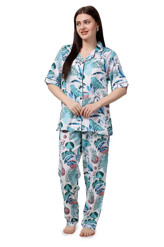 Abstract Print Women Shirt & Pyjama Set – 100% Viscose-- Graphic T-Shirt Round Neck Polyester