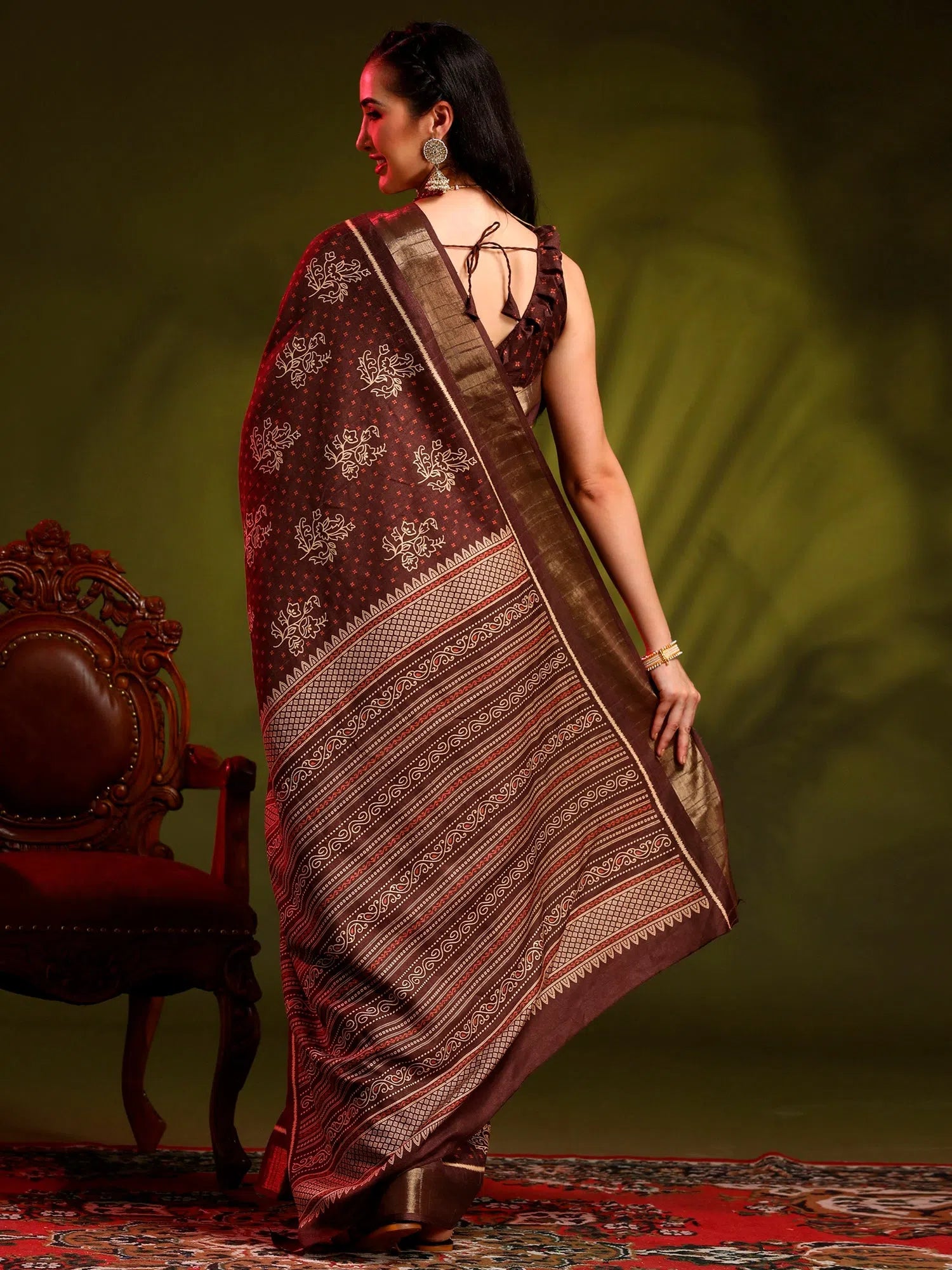 Saree Mall Women's Blend Brown Printed Designer Saree With Blouse Piece-HOLAND301A Drape Neck Blouse Saree Mall Women's Blend Brown Printed Designer Saree With Blouse Piece-HOLAND301A Drape Neck Blouse