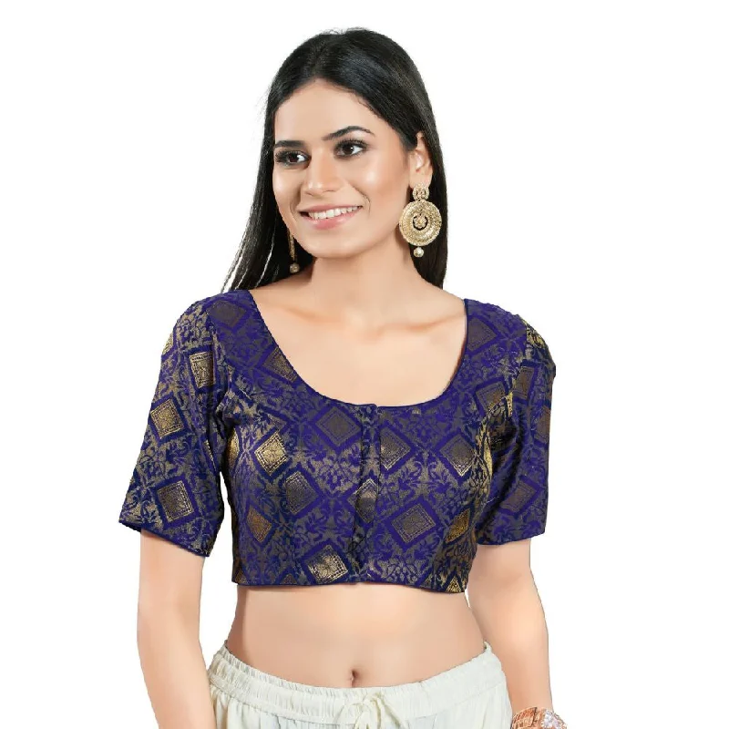Navy Blue Brocade Woven Design Elbow Sleeve Blouse Casual Relaxed Fit Blouse