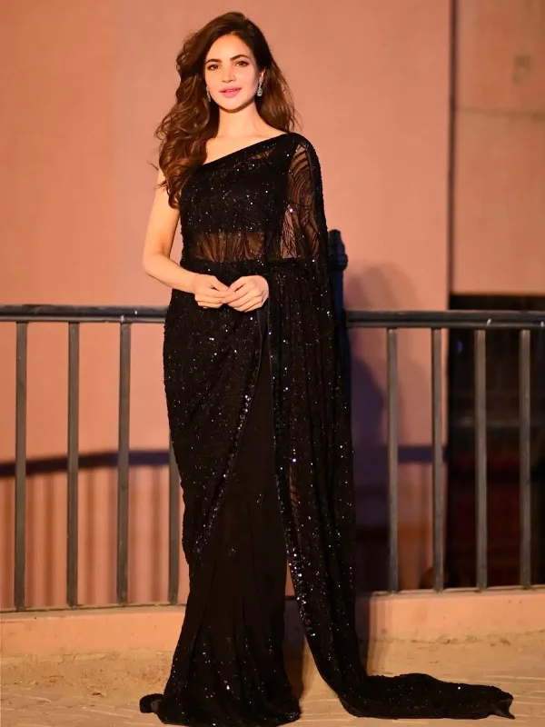 Saree Mall Women's Georgette Black Embellished Designer Saree With Blouse Piece-BITTI605 Feminine Tie Blouse Saree Mall Women's Georgette Black Embellished Designer Saree With Blouse Piece-BITTI605 Feminine Tie Blouse