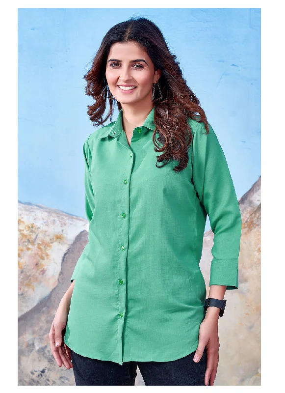 Light Green Cotton Solid Collared Casual Shirt For Women-- Houndstooth Herringbone Solid