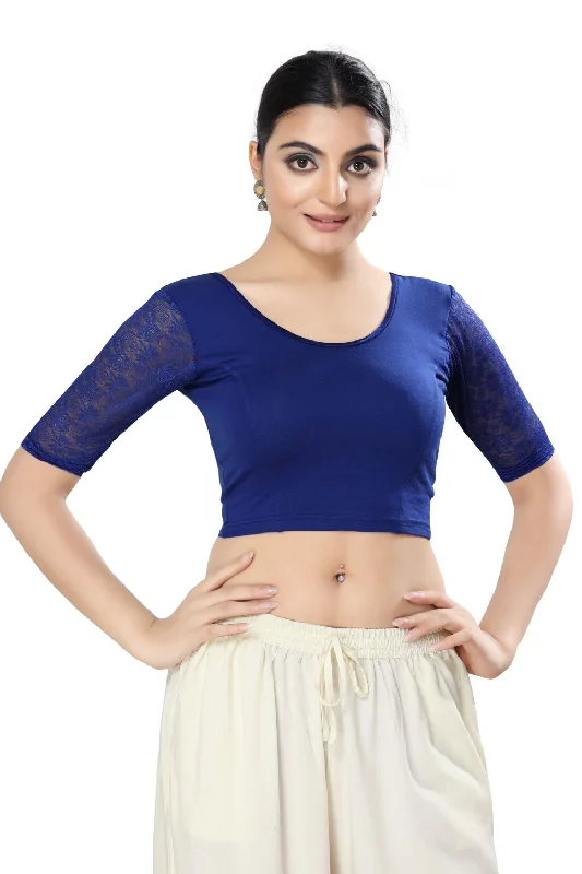 Royal Blue Cotton Solid Short Sleeves Blouse Frilled Cuff Blouse