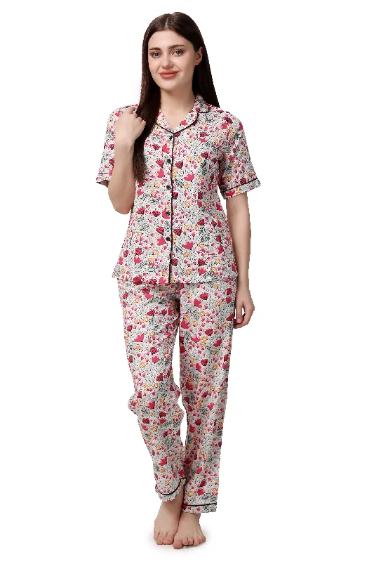 Floral Print Women Shirt & Pyjama Set – 100% Viscose-- Mesh Canvas Denim