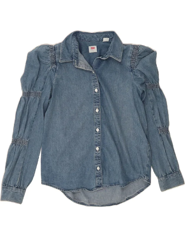 LEVI'S Womens Oversized Denim Shirt UK 10 Small Blue Cotton-- Mesh Blend Leather Blend Suede Blend