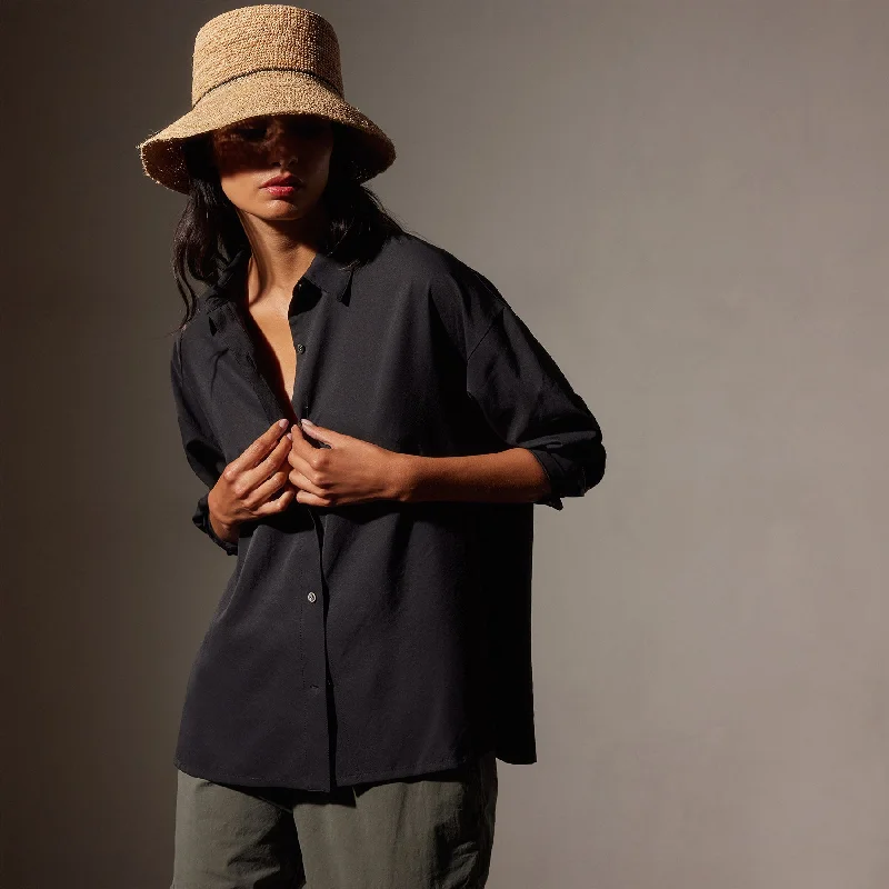 Lightweight Matte Sateen Fluid Shirt - Black-- Mesh Blend Leather Blend Suede Blend