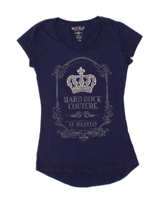 HARD ROCK Womens Juniors Fit Graphic T-Shirt Top UK 10 Small Navy Blue-- Fleece Nylon Spandex
