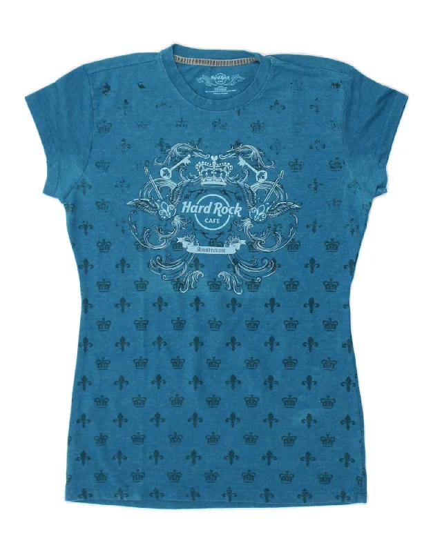 HARD ROCK CAFE Womens Amsterdam Graphic T-Shirt Top UK 14 Large Blue-- Hooded Caped Shawl Collar HARD ROCK CAFE Womens Amsterdam Graphic T-Shirt Top UK 14 Large Blue-- Hooded Caped Shawl Collar