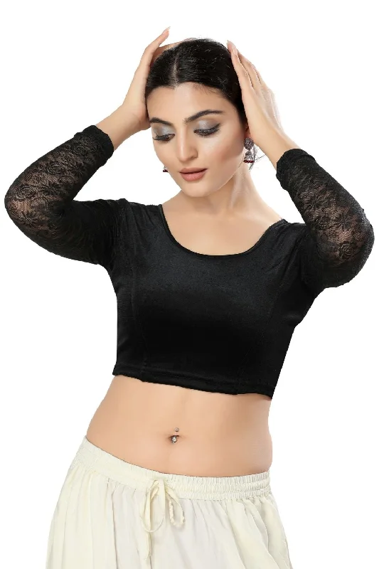Black Velvet Solid Long Sleeves Blouse Sheer Mesh Blouse