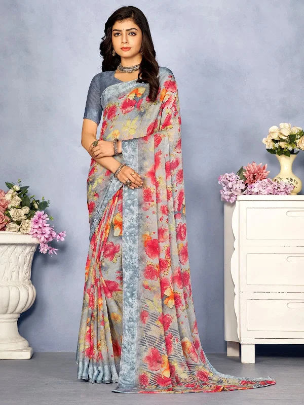 Saree Mall Women's Chiffon Grey Printed Designer Saree With Blouse Piece-CHERY27802D Satin Long Blouse Saree Mall Women's Chiffon Grey Printed Designer Saree With Blouse Piece-CHERY27802D Satin Long Blouse