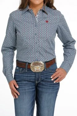 WOMEN'S BUTTON-DOWN WESTERN SHIRT - LIGHT BLUE MSW9165037-- Cotton Fabric Linen Fabric Terry Fabric