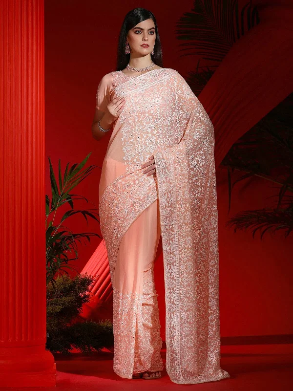 Saree Mall Women's Georgette Peach Embellished Designer Saree With Blouse Piece-DIANA4302 Chic Ruffle Blouse Saree Mall Women's Georgette Peach Embellished Designer Saree With Blouse Piece-DIANA4302 Chic Ruffle Blouse