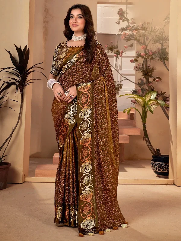 Saree Mall Women's  Blend Olive Printed Designer Saree With Blouse Piece-SANTONI101 Textured Cotton Blouse