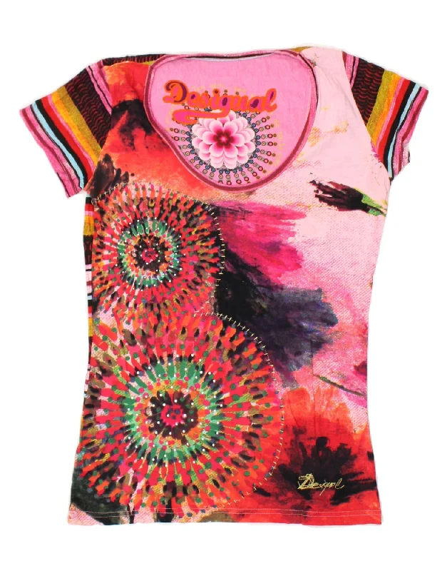 DESIGUAL Womens T-Shirt Top UK 12 Medium Multicoloured Floral-- Front Pockets Side Pockets Patch Pockets