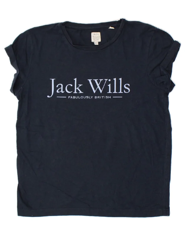 JACK WILLS Womens Graphic T-Shirt Top UK 8 Small Navy Blue Cotton-- Striped Floral Plaid