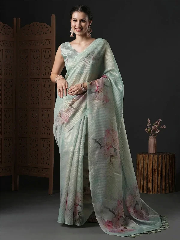 Saree Mall Women's Organza Sea Green Printed Designer Saree With Blouse Piece-SANKARI207 Silky Draped Blouse Saree Mall Women's Organza Sea Green Printed Designer Saree With Blouse Piece-SANKARI207 Silky Draped Blouse