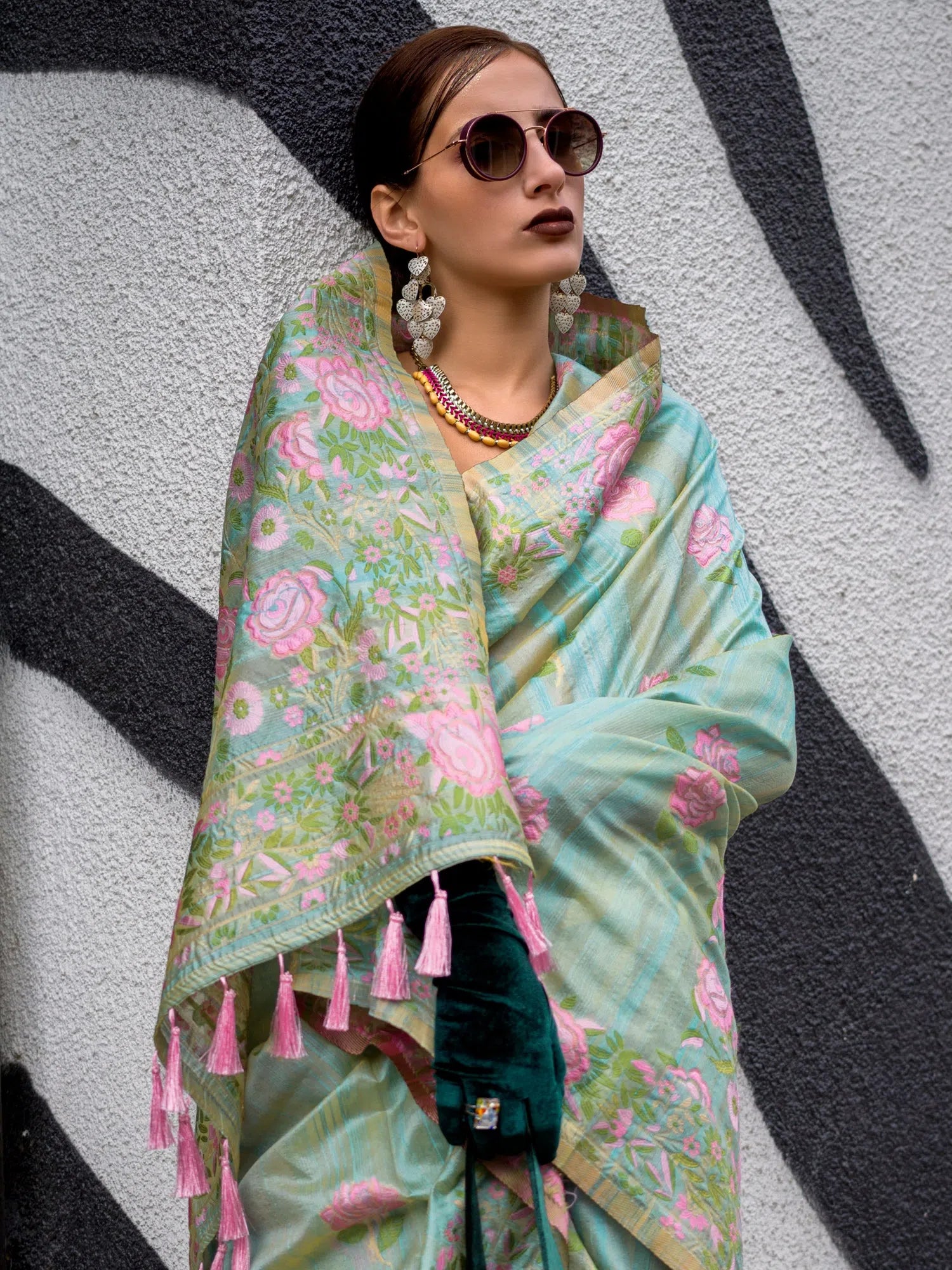 Saree Mall Women's Cotton Blend Sea Green Woven Design Designer Saree With Blouse Piece-KRAFTI355005 Delicate Bow Blouse