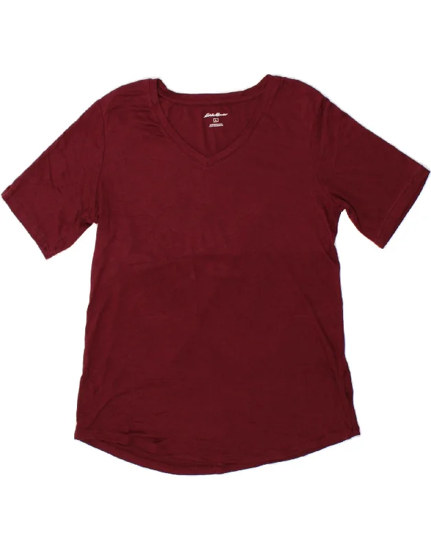 EDDIE BAUER Womens T-Shirt Top UK 16 Large Maroon Cotton-- Collared Crew Neck Turtle Neck