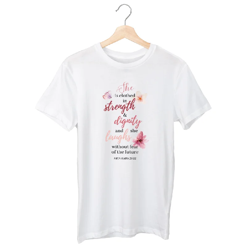 She is clothed in strength and dignity T shirt - White/Black/Maroon-- Solid Color Striped Floral