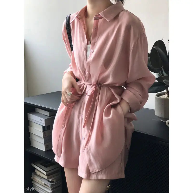 Belted Long Sleeve Sun Protection Shirt for Spring and Fall-- Casual Formal Business