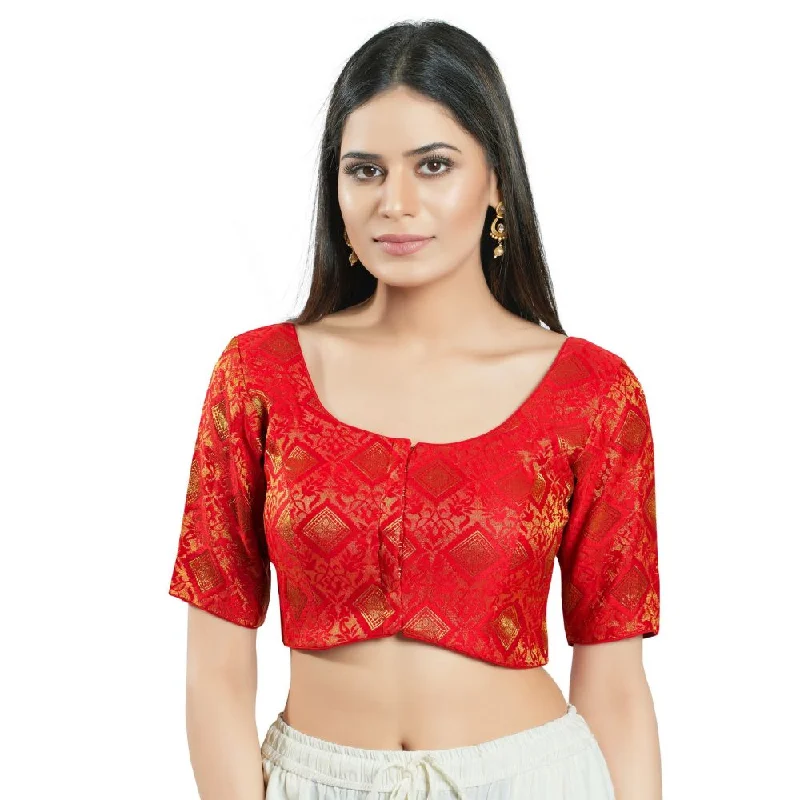 Red Brocade Woven Design Elbow Sleeve Blouse Feminine Ruffle Blouse
