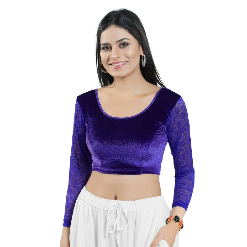 Purple Velvet Solid Long Sleeves Blouse Classic Minimalist Blouse