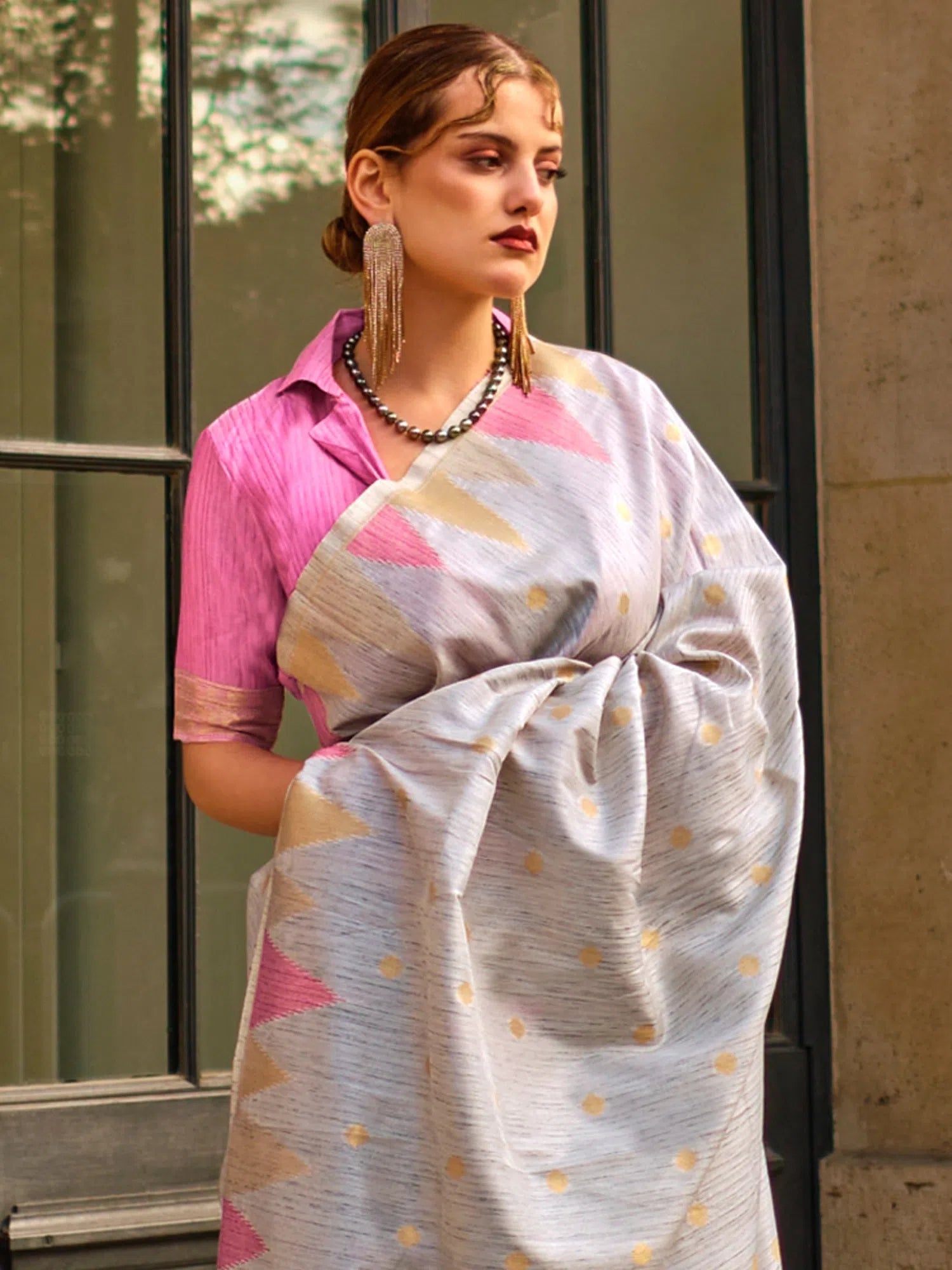 Saree Mall Women's  Blend Grey Woven Design Designer Saree With Blouse Piece-KHWAB349005 Frilled Cuff Blouse