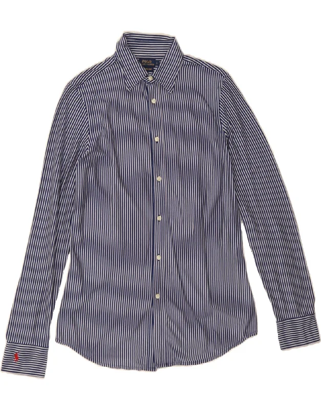 POLO RALPH LAUREN Womens Shirt UK 14 Large Navy Blue Pinstripe Cotton-- Fashionable Trendy Casual