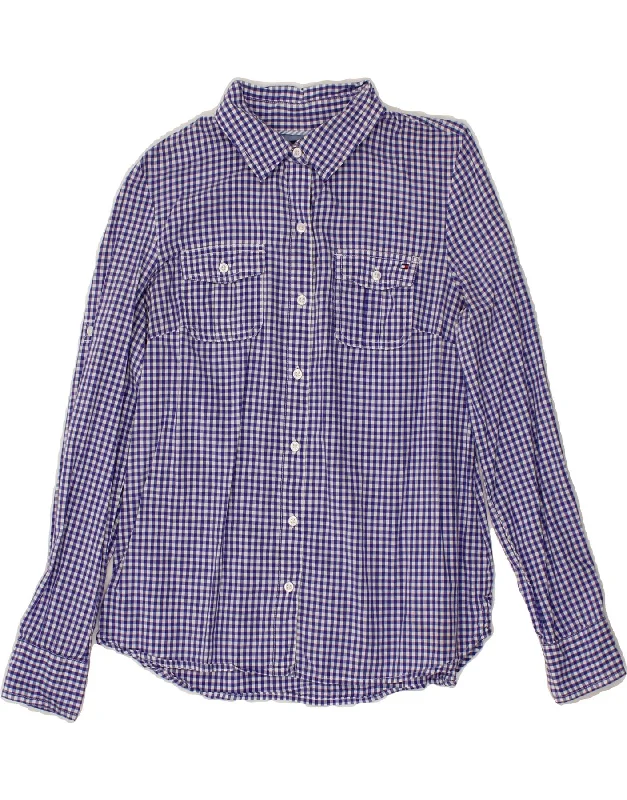 TOMMY HILFIGER Womens Shirt UK 14 Medium Navy Blue Gingham Cotton-- Thin T-Shirt Open Front Quick Dry