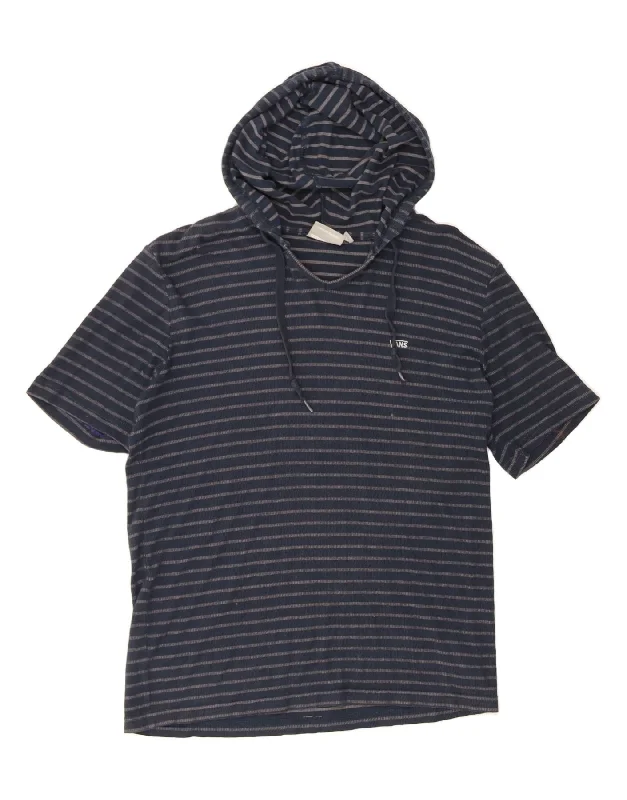 VANS Womens Hooded T-Shirt Top UK 16 Large Navy Blue Striped Cotton-- Collared T-Shirt Boat Neck A-Line